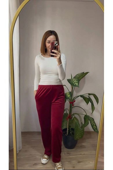  Cepli Fransız Kadife Bordo Kadın Alt